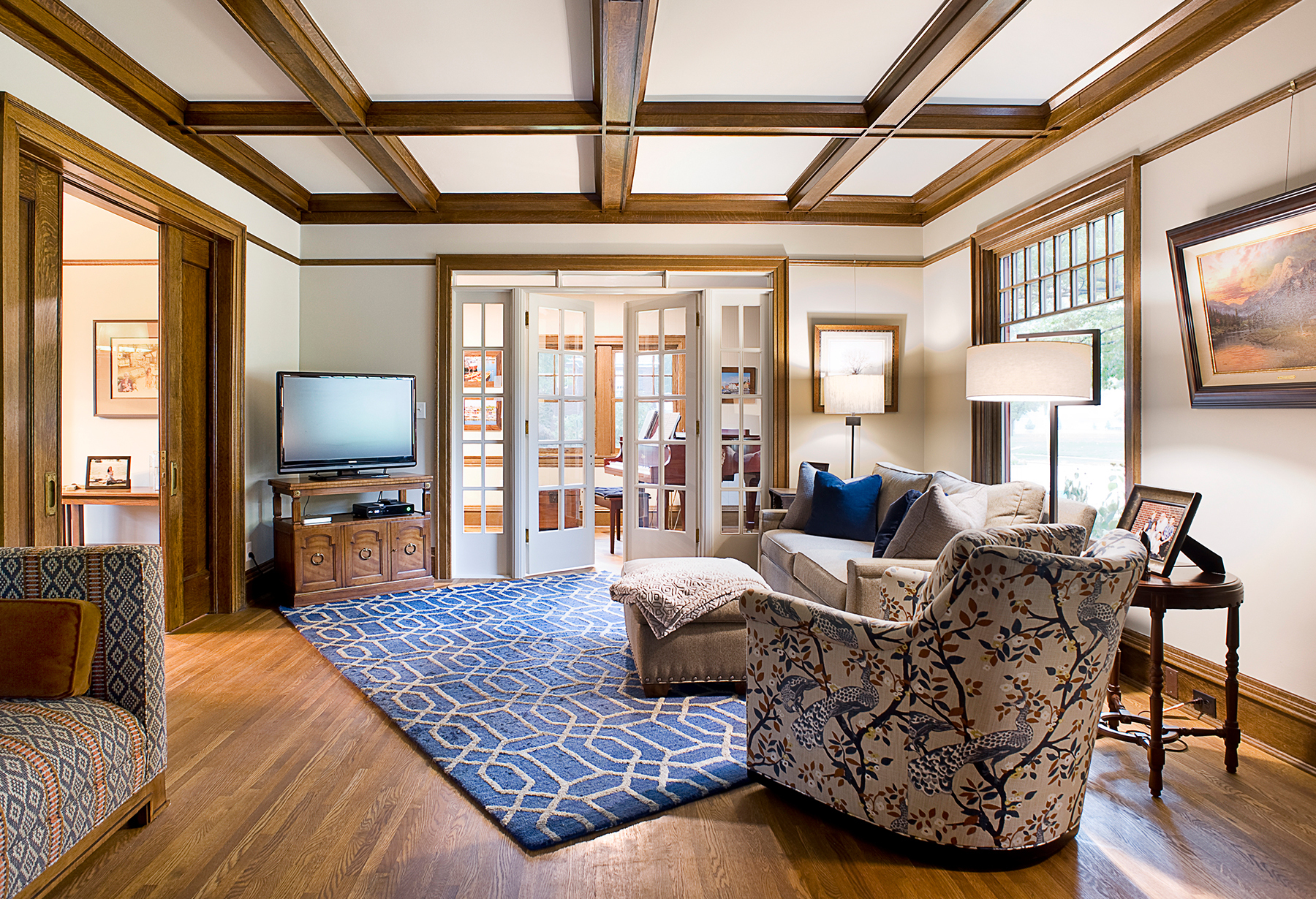 traditional-style home with wood beams and refinished wood floor
