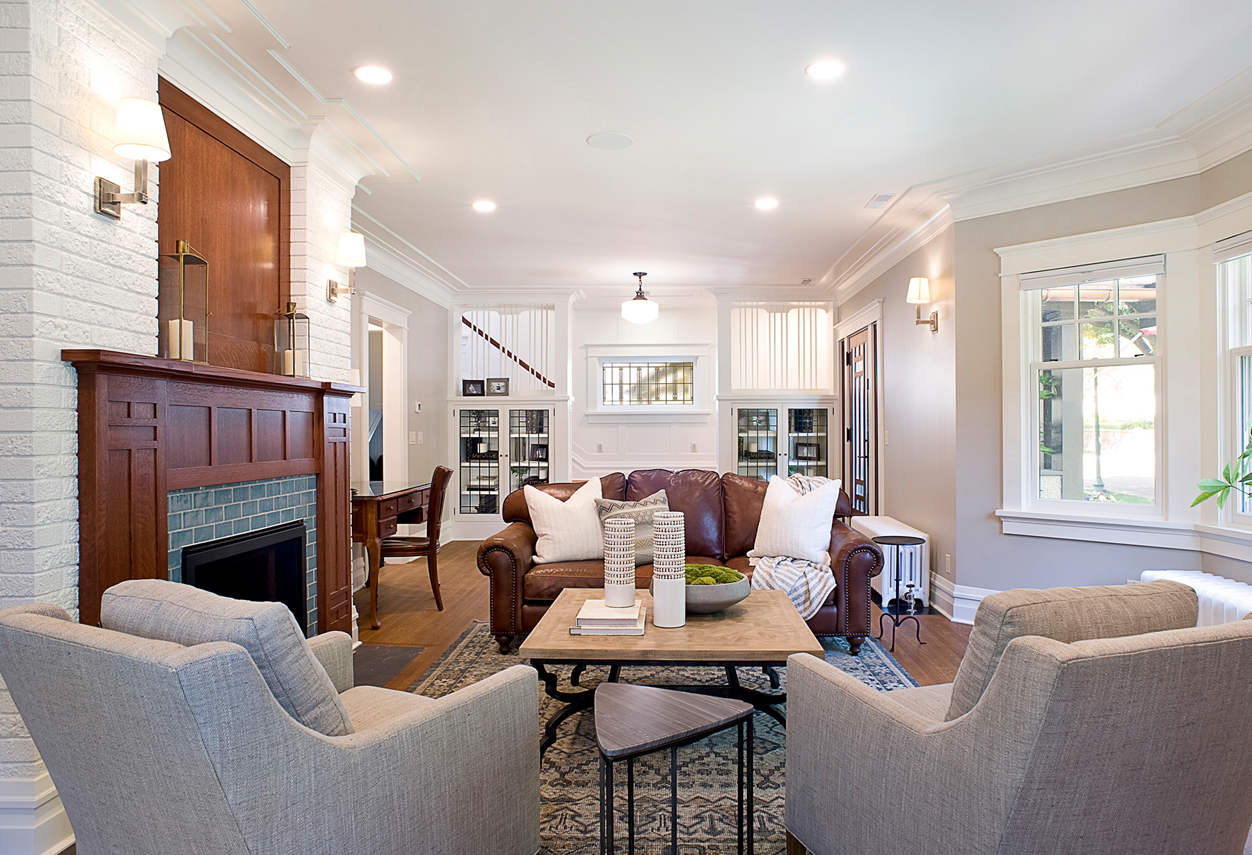 remodeled living room with refinished fireplace