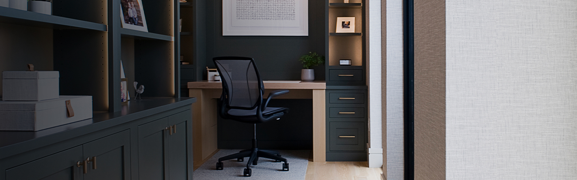 close up of dark study with teal shelves